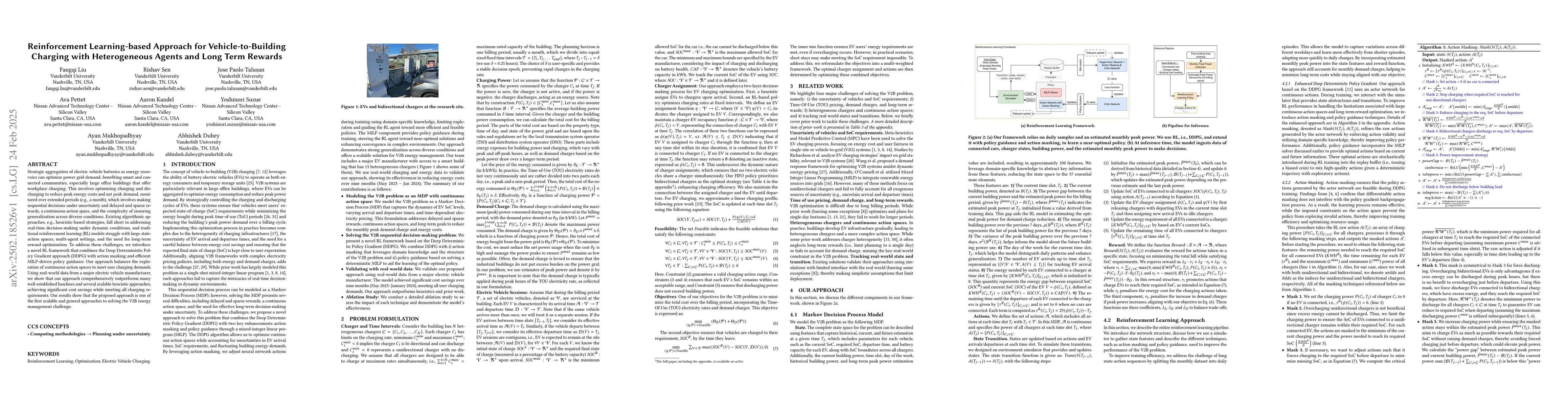 Thumbnail for Reinforcement Learning-based Approach for Vehicle-to-Building Charging
  with Heterogeneous Agents and Long Term Rewards