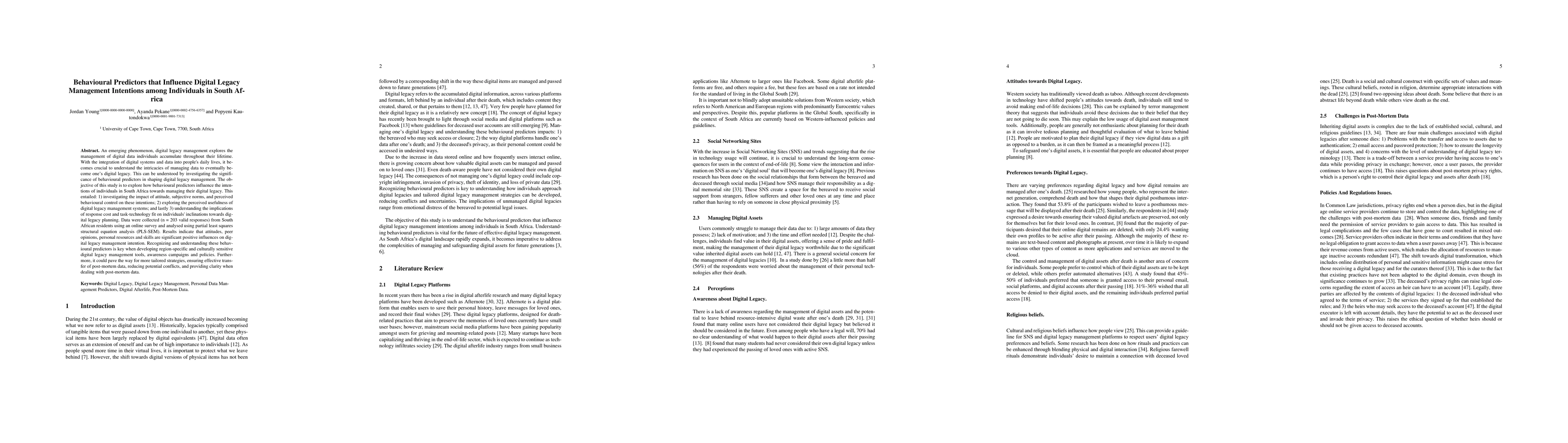 Thumbnail for Behavioural Predictors that Influence Digital Legacy Management
  Intentions among Individuals in South Africa
