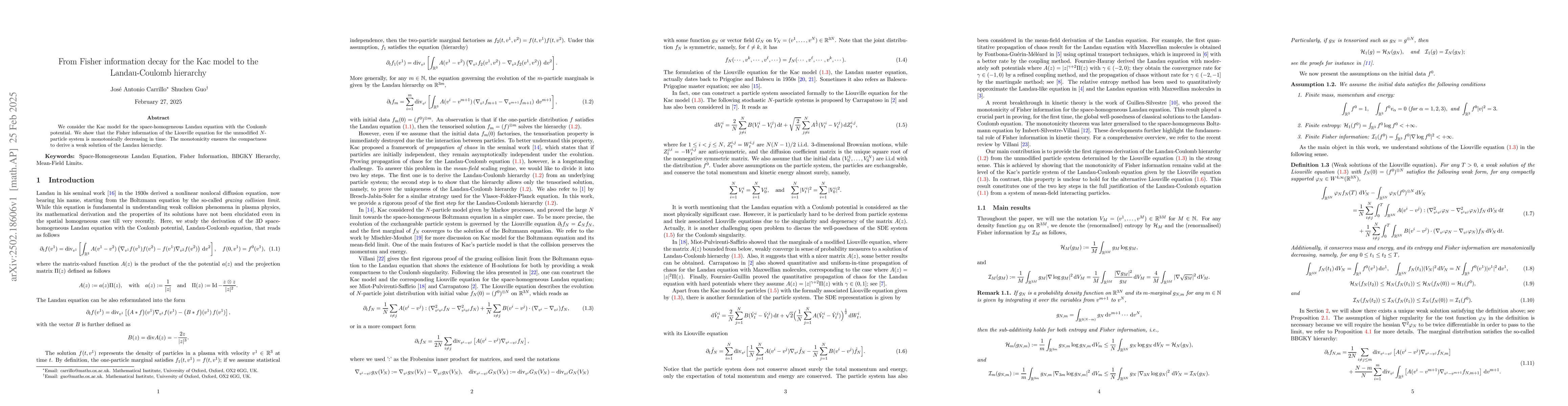 Thumbnail for From Fisher information decay for the Kac model to the Landau-Coulomb
  hierarchy