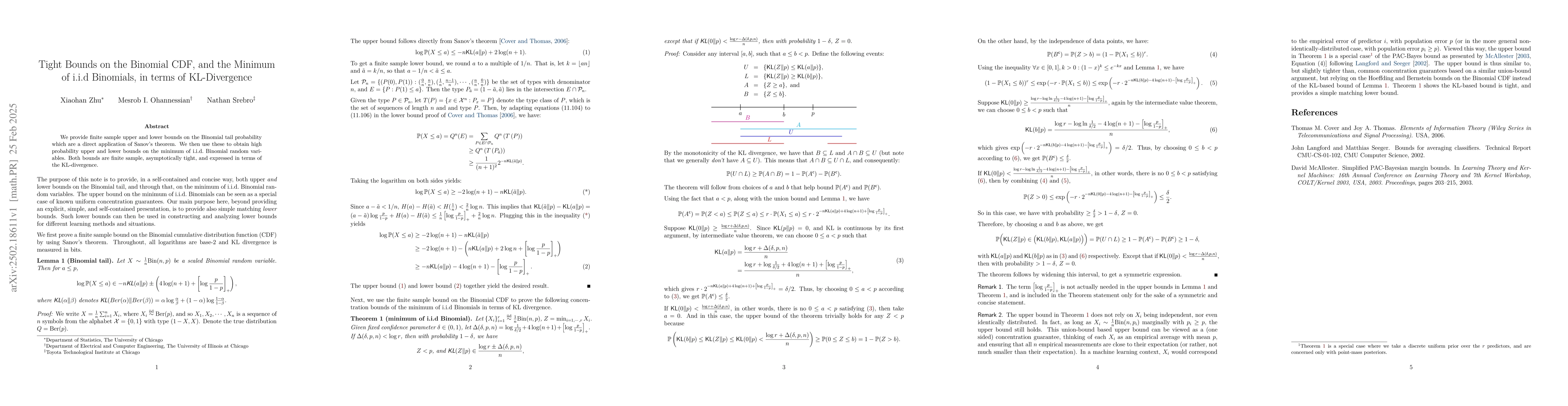 Thumbnail for Tight Bounds on the Binomial CDF, and the Minimum of i.i.d Binomials, in
  terms of KL-Divergence