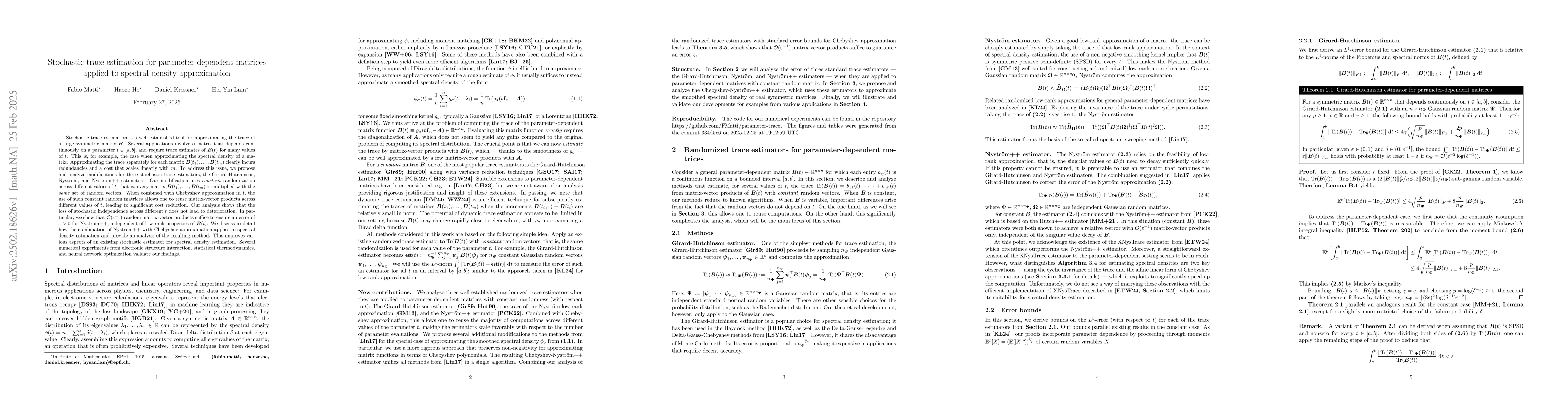 Thumbnail for Stochastic trace estimation for parameter-dependent matrices applied to
  spectral density approximation