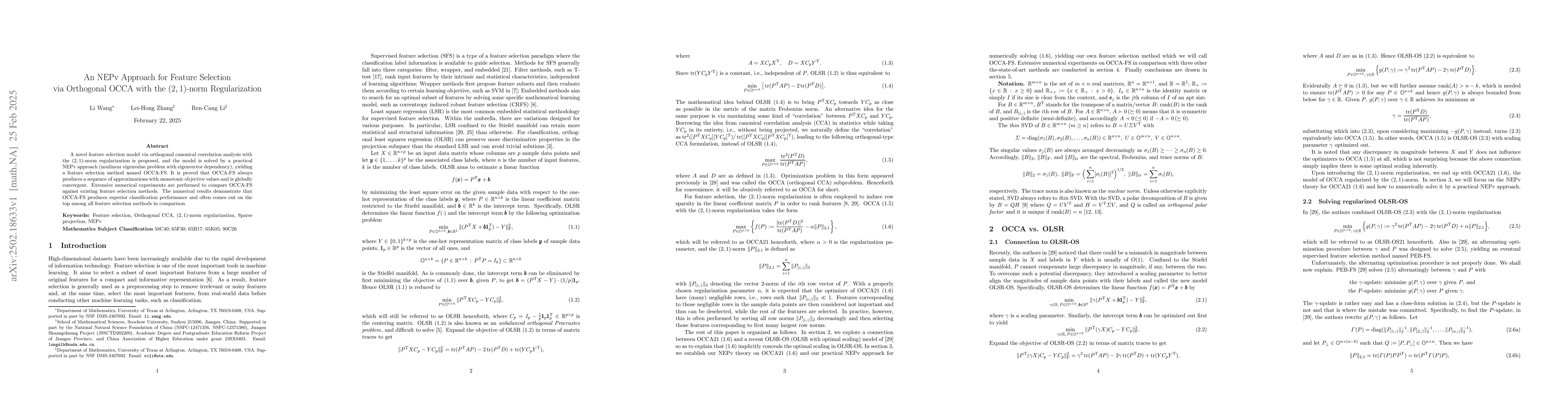 Thumbnail for An NEPv Approach for Feature Selection via Orthogonal OCCA with the
  (2,1)-norm Regularization