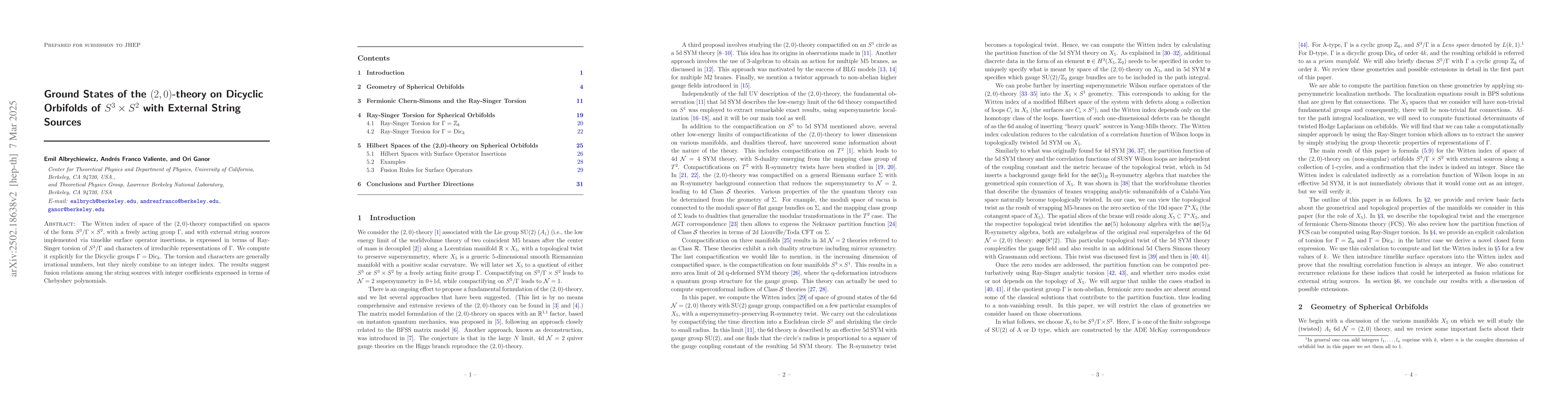 Thumbnail for Ground States of the $(2,0)$-theory on Dicyclic Orbifolds of $S^3\times
  S^2$ with External String Sources
