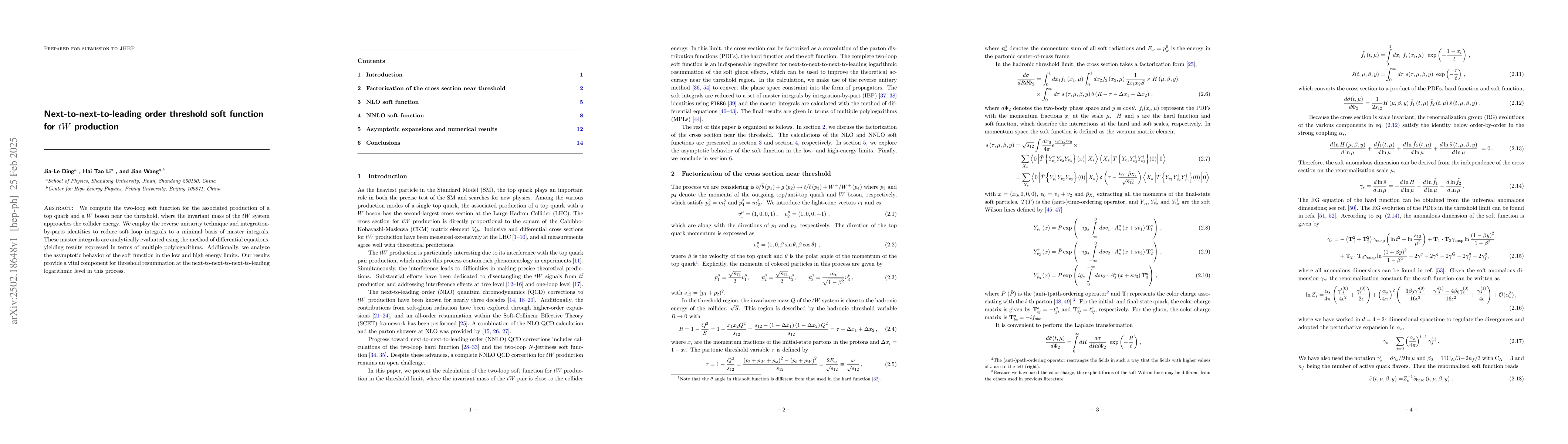Thumbnail for Next-to-next-to-leading order threshold soft function for $tW$
  production