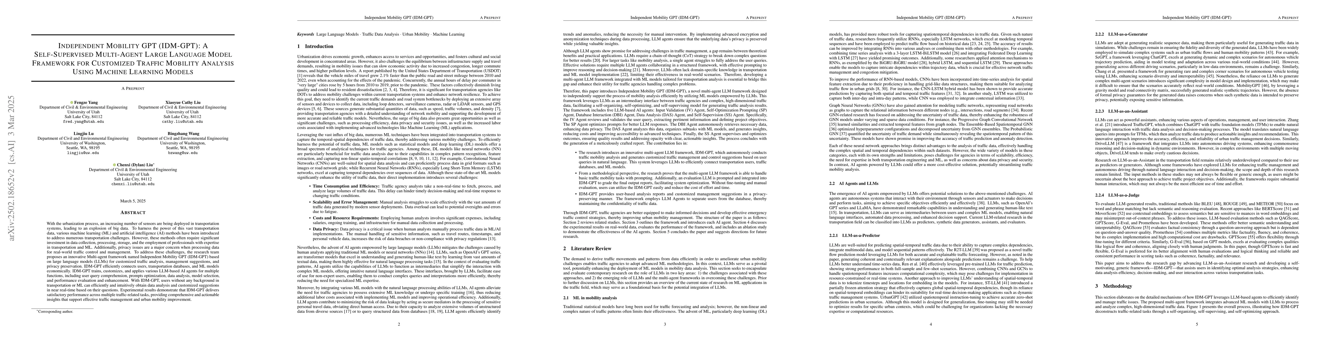 Thumbnail for Independent Mobility GPT (IDM-GPT): A Self-Supervised Multi-Agent Large
  Language Model Framework for Customized Traffic Mobility Analysis Using
  Machine Learning Models