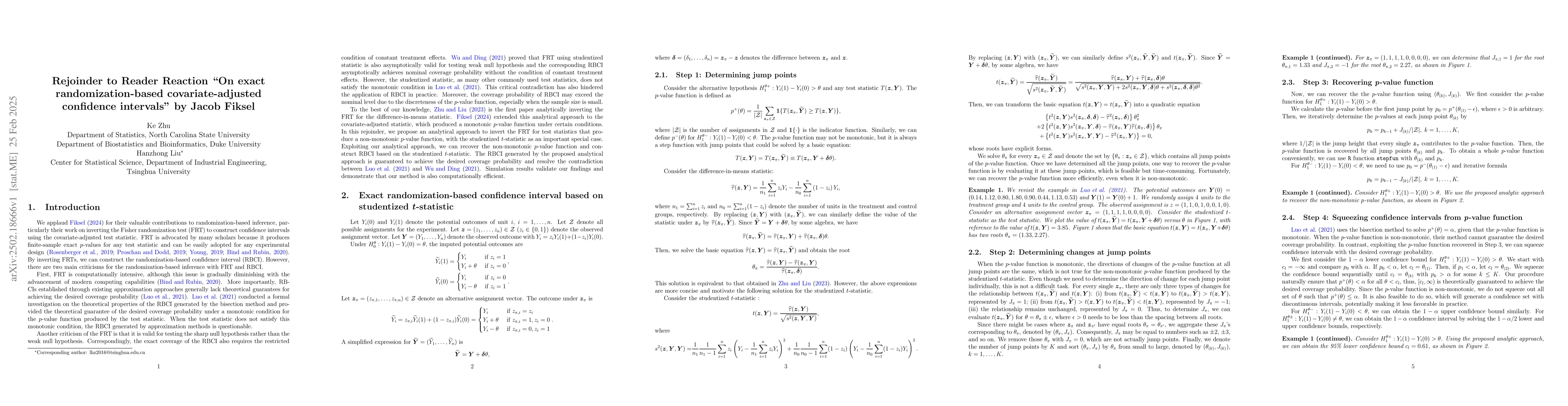 Thumbnail for Rejoinder to Reader Reaction "On exact randomization-based
  covariate-adjusted confidence intervals" by Jacob Fiksel