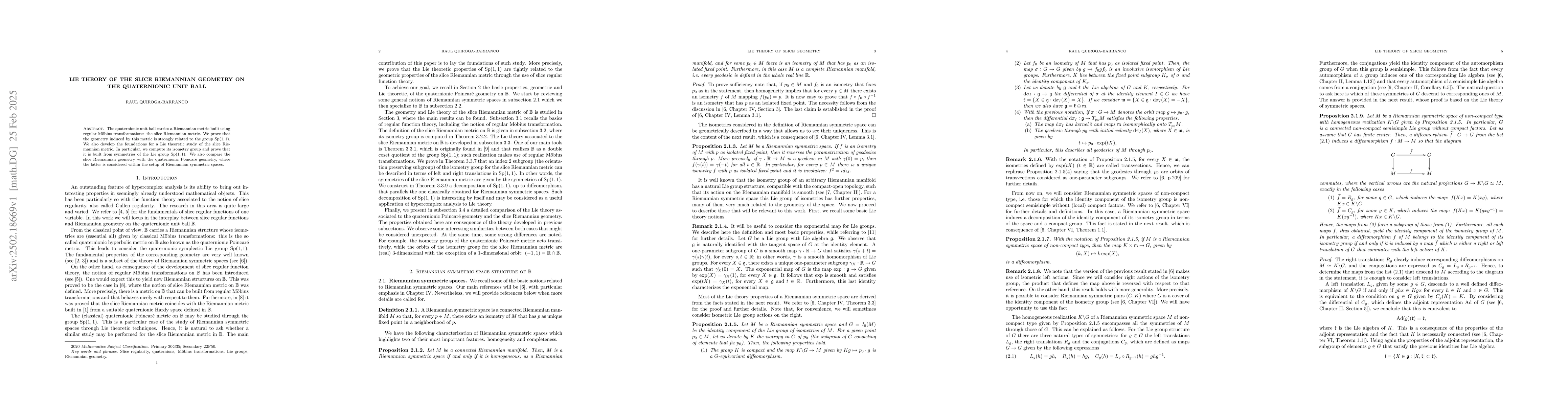 Thumbnail for Lie theory of the slice Riemannian geometry on the quaternionic unit
  ball