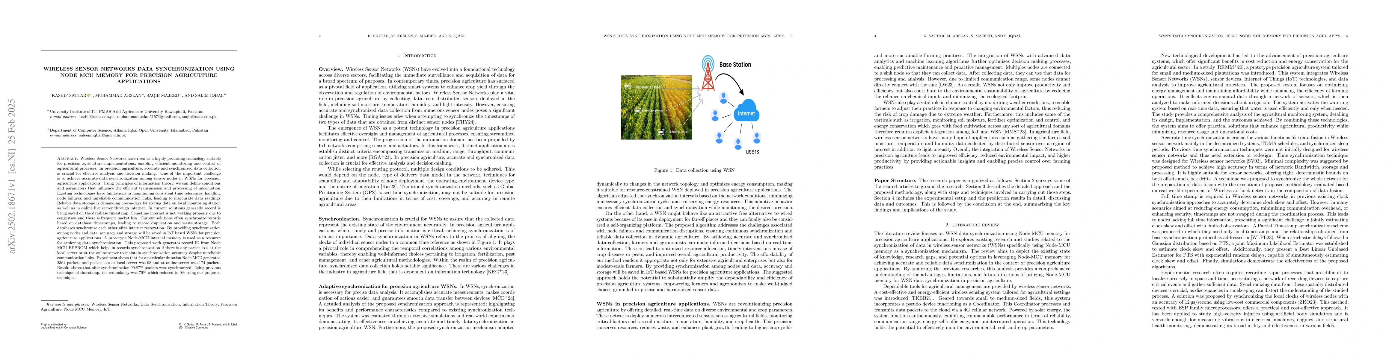 Thumbnail for Wireless sensor networks data synchronization using node MCU memory for
  precision agriculture applications