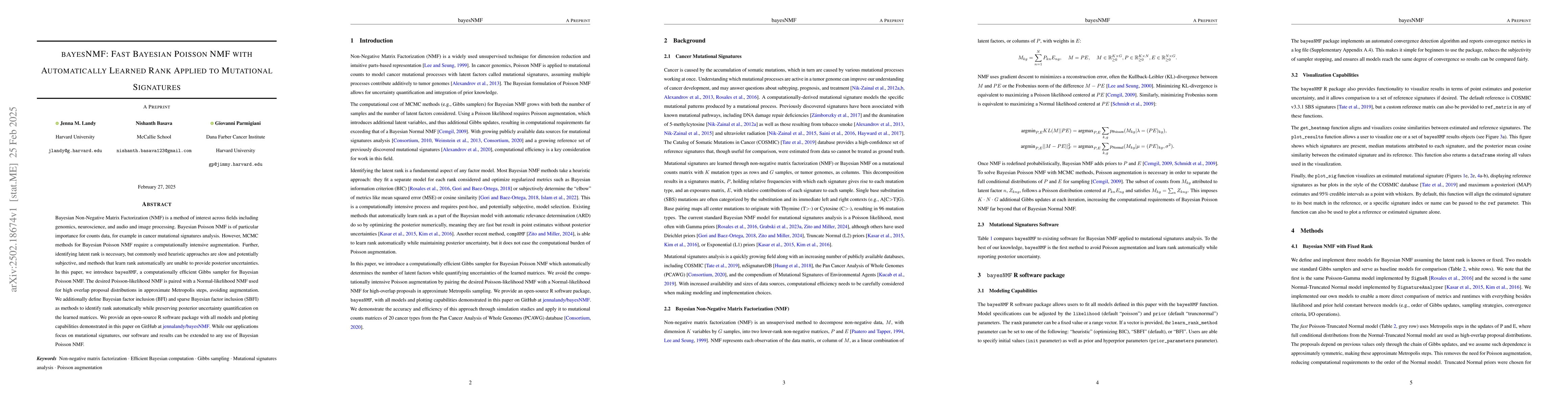 Thumbnail for bayesNMF: Fast Bayesian Poisson NMF with Automatically Learned Rank
  Applied to Mutational Signatures