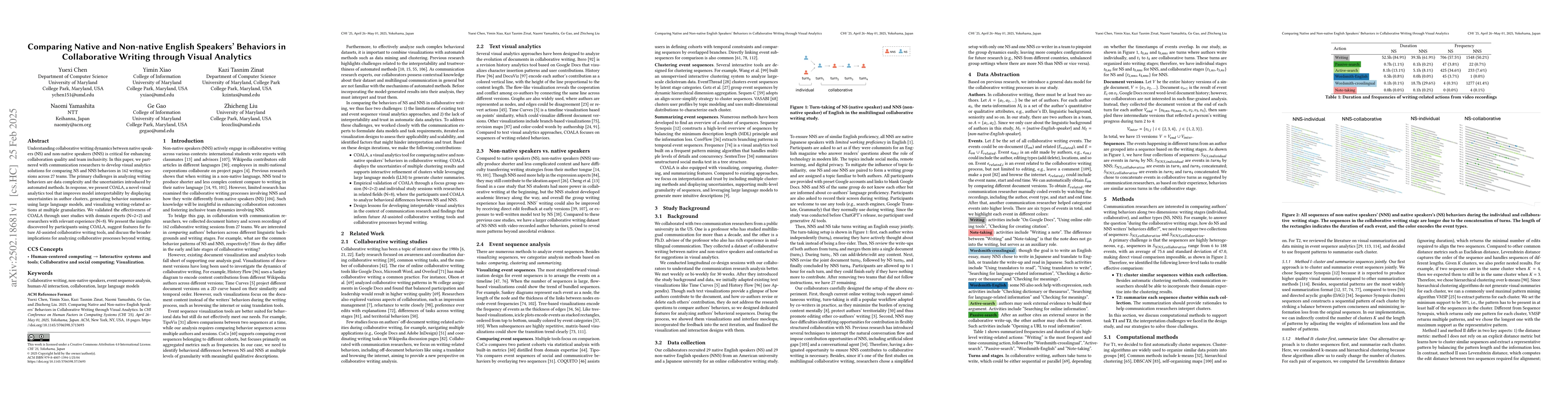 Thumbnail for Comparing Native and Non-native English Speakers' Behaviors in
  Collaborative Writing through Visual Analytics