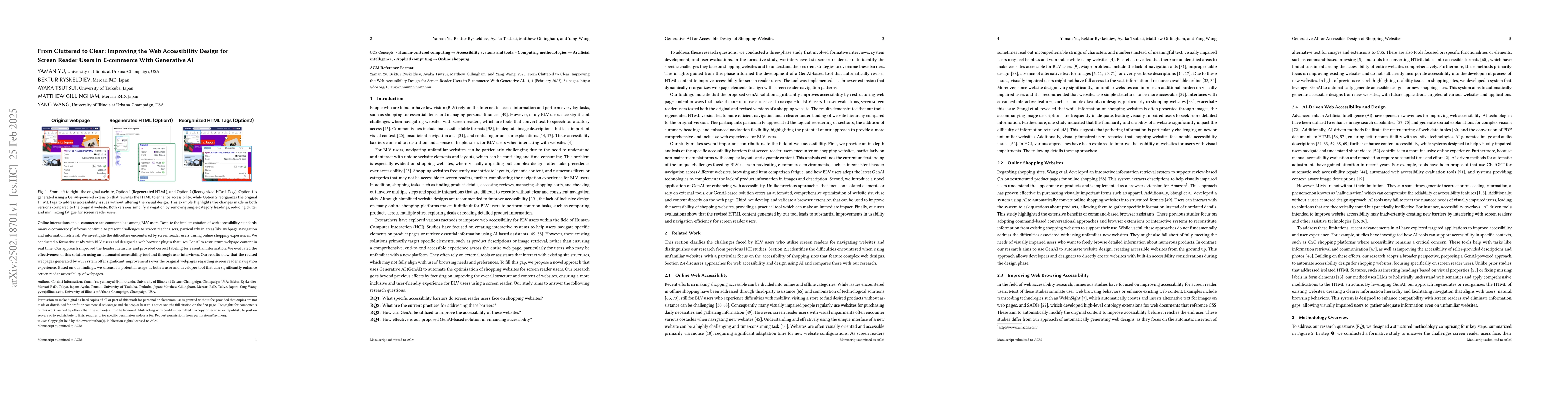 Thumbnail for From Cluttered to Clear: Improving the Web Accessibility Design for
  Screen Reader Users in E-commerce With Generative AI
