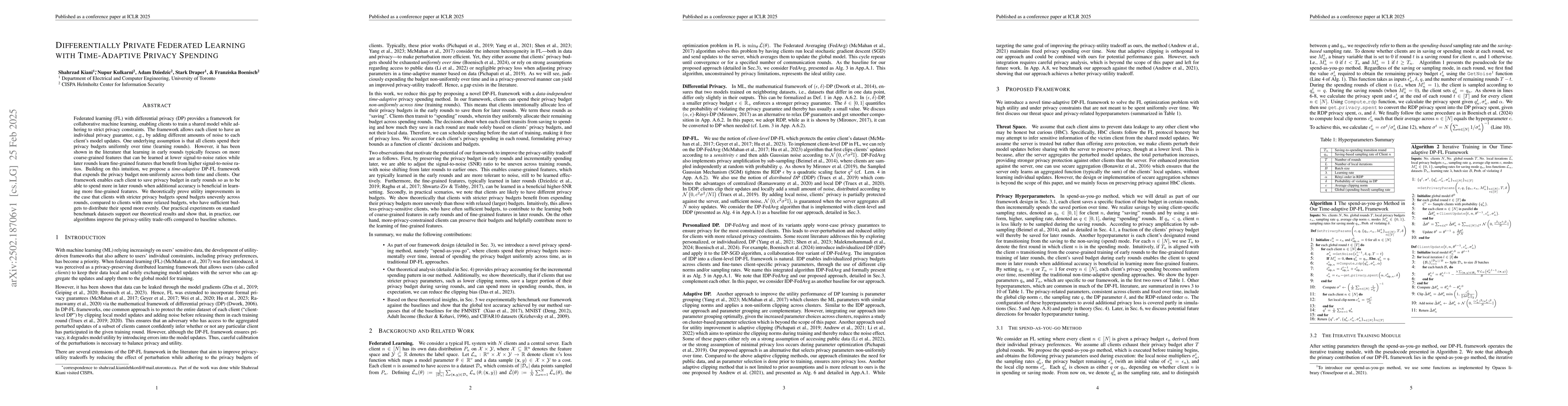 Thumbnail for Differentially Private Federated Learning With Time-Adaptive Privacy
  Spending