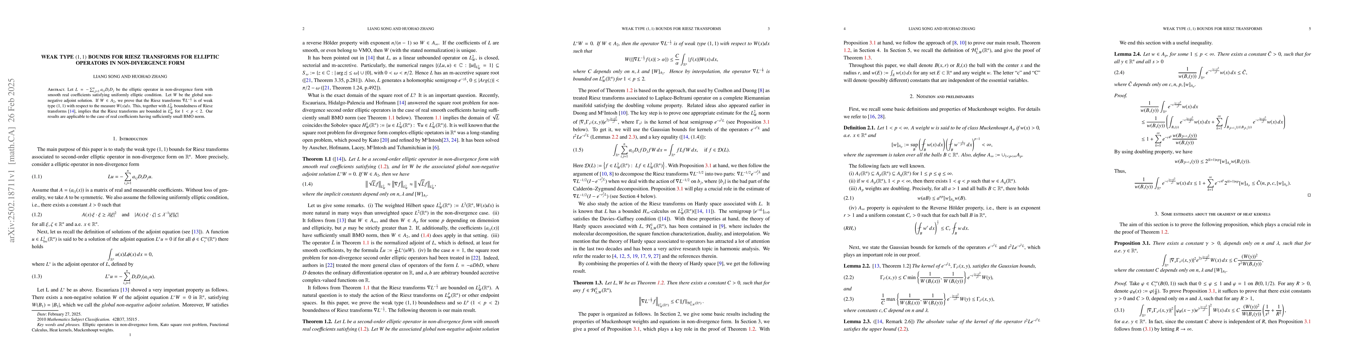 Thumbnail for Weak type $(1,1)$ bounds for Riesz transforms for elliptic operators in
  non-divergence form