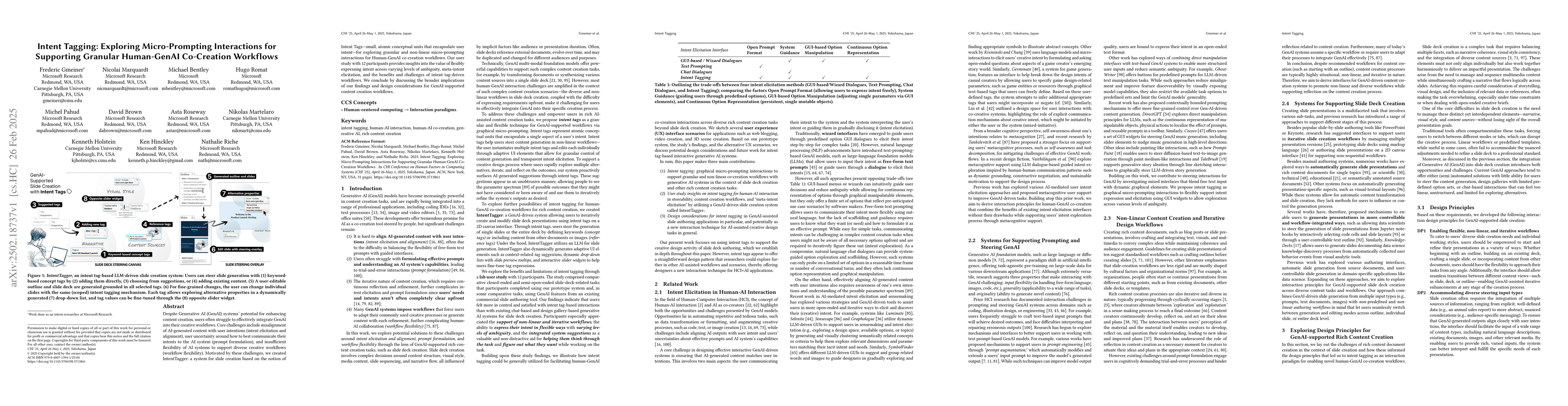 Thumbnail for Intent Tagging: Exploring Micro-Prompting Interactions for Supporting
  Granular Human-GenAI Co-Creation Workflows
