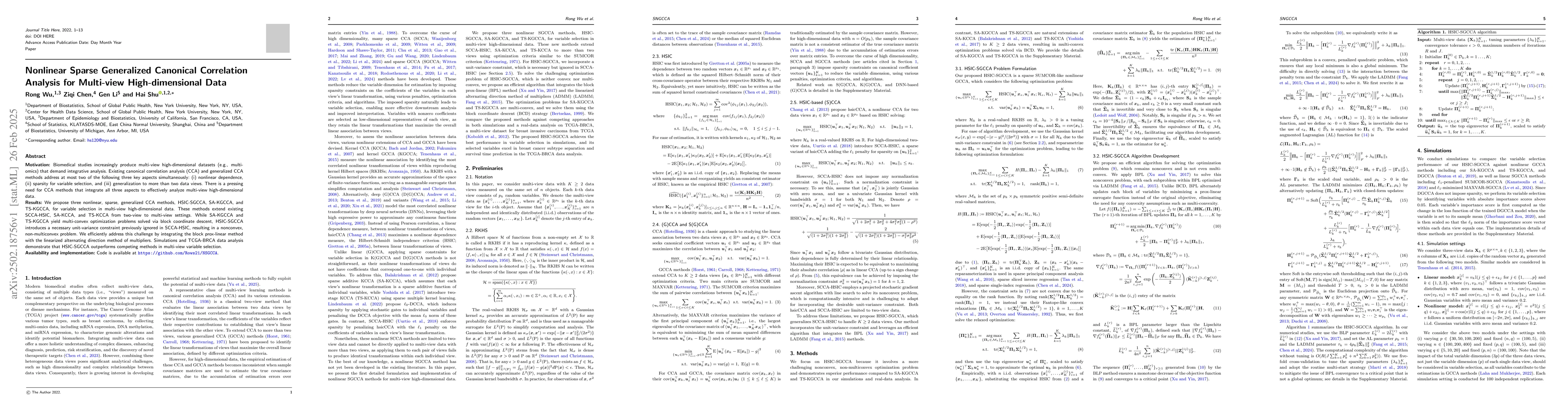 Thumbnail for Nonlinear Sparse Generalized Canonical Correlation Analysis for
  Multi-view High-dimensional Data