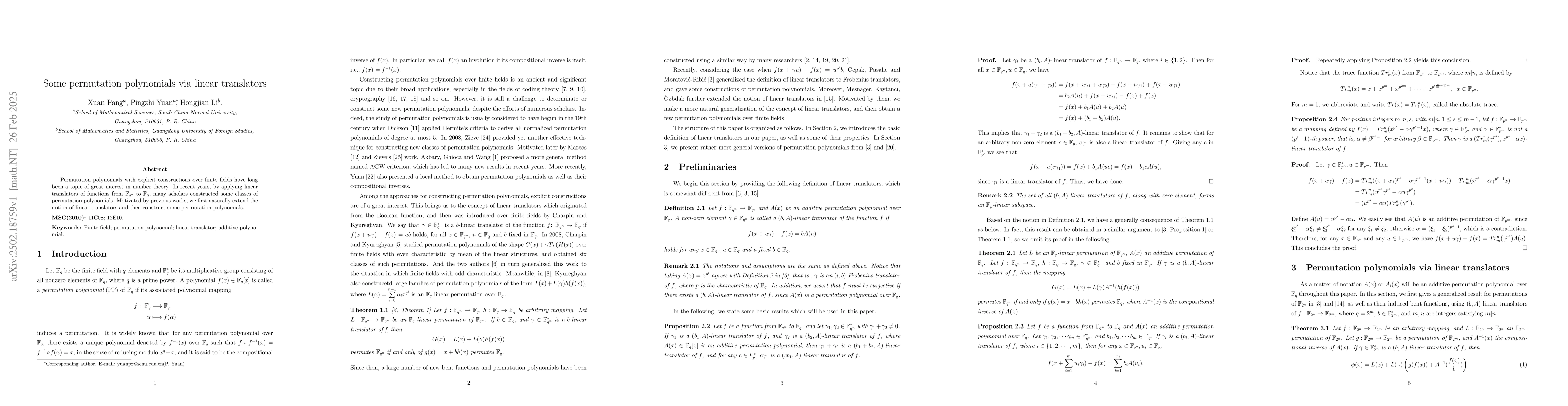 Thumbnail for Some permutation polynomials via linear translators