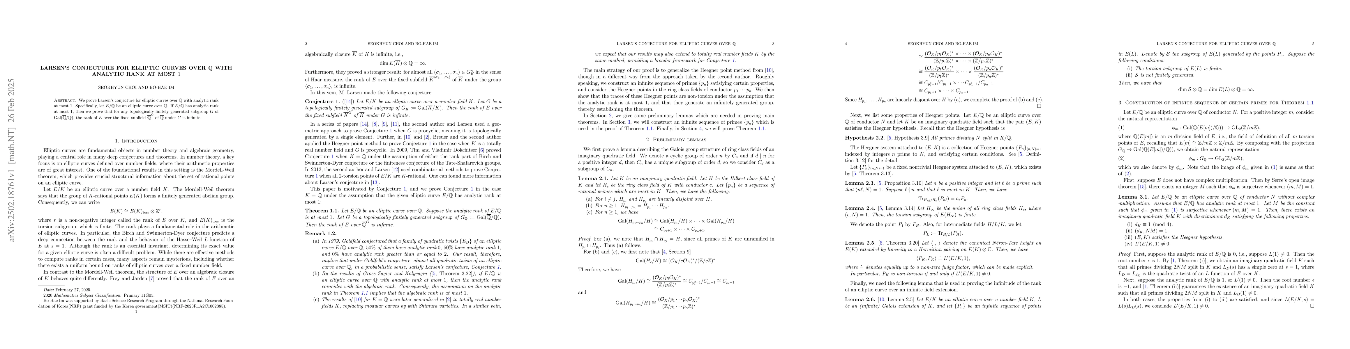 Thumbnail for Larsen's conjecture for elliptic curves over $\mathbb{Q}$ with analytic
  rank at most $1$