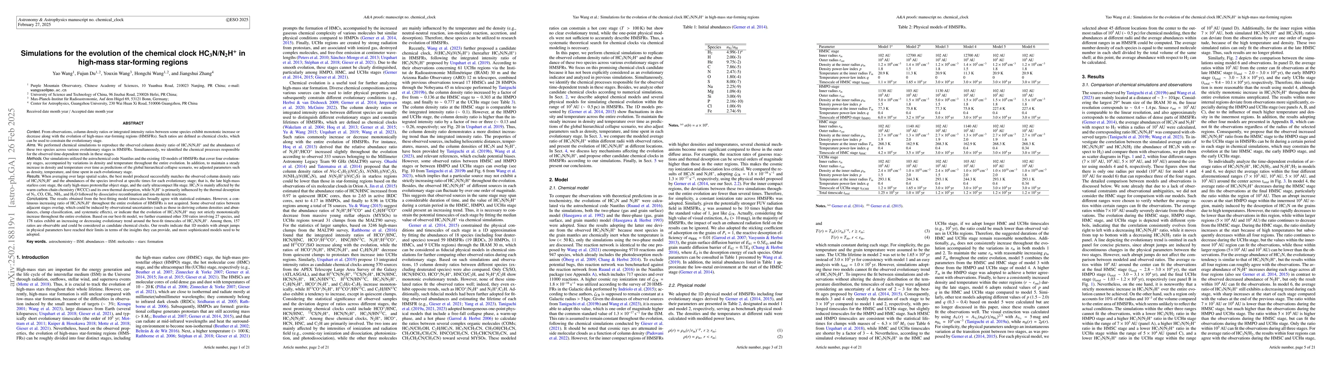Thumbnail for Simulations for the evolution of the chemical clock HC3N/N2H+ in
  high-mass star-forming regions