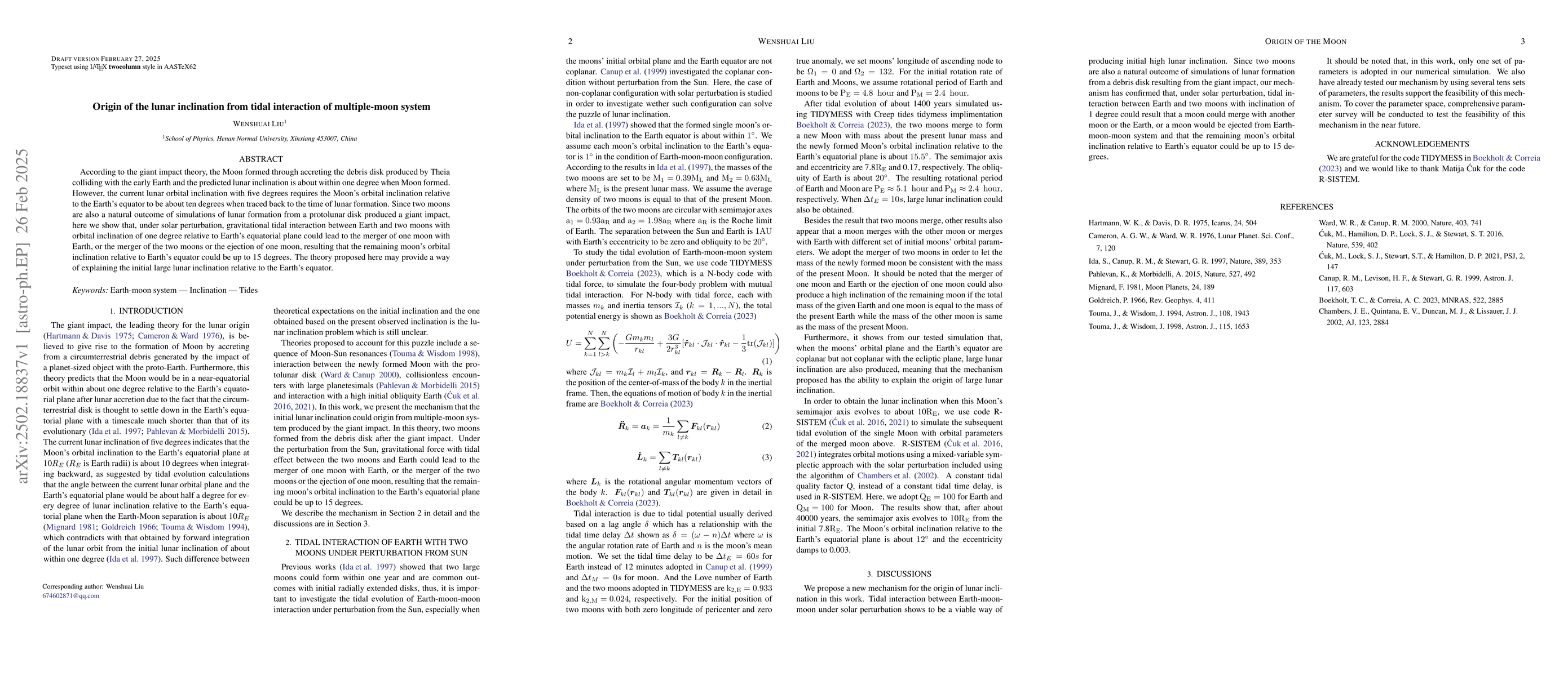 Thumbnail for Origin of the lunar inclination from tidal interaction of multiple-moon
  system