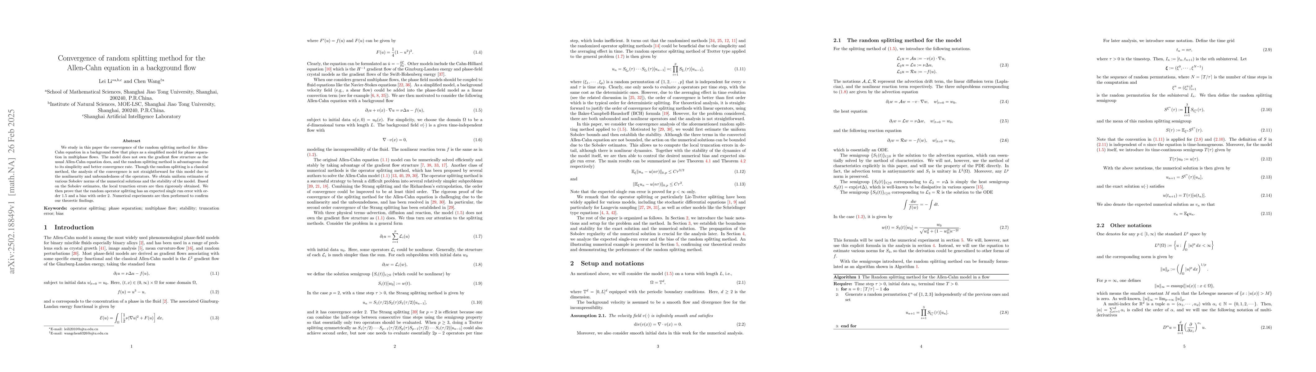 Thumbnail for Convergence of random splitting method for the Allen-Cahn equation in a
  background flow