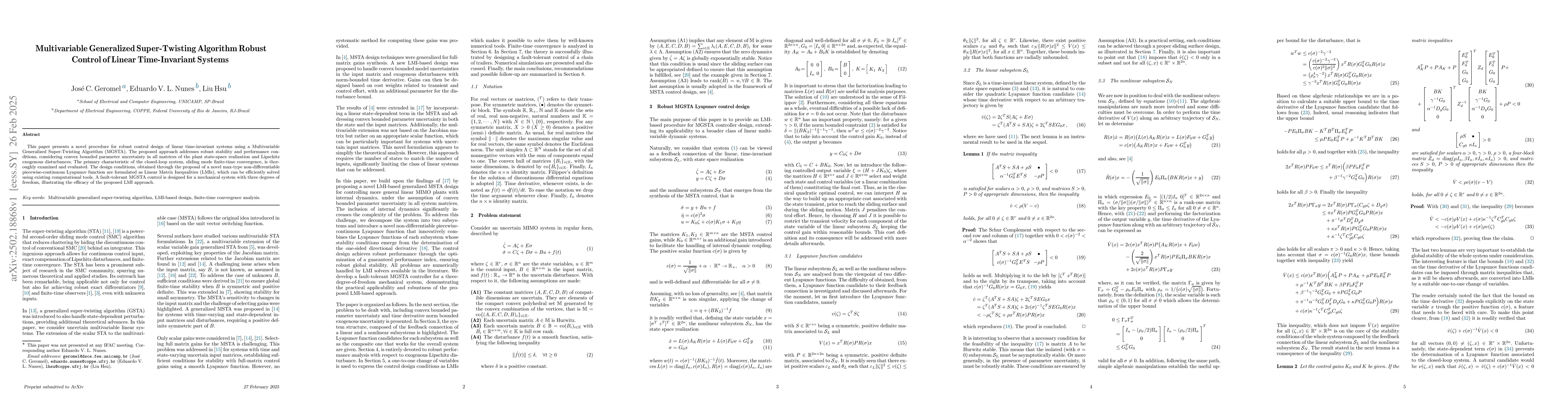 Thumbnail for Multivariable Generalized Super-Twisting Algorithm Robust Control of
  Linear Time-Invariant Systems