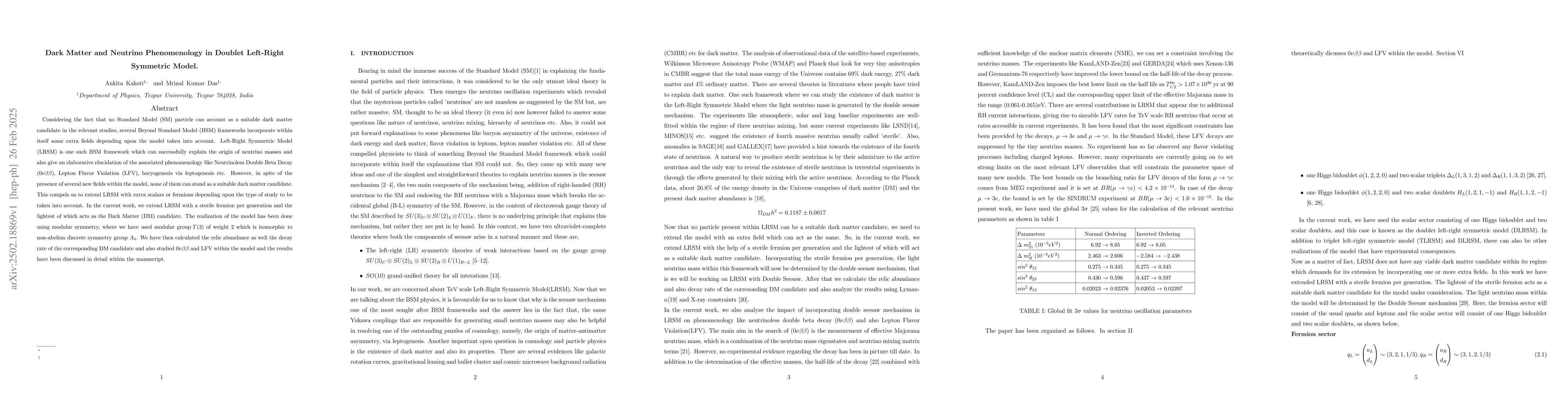 Thumbnail for Dark Matter and Neutrino Phenomenology in Doublet Left-Right Symmetric
  Model