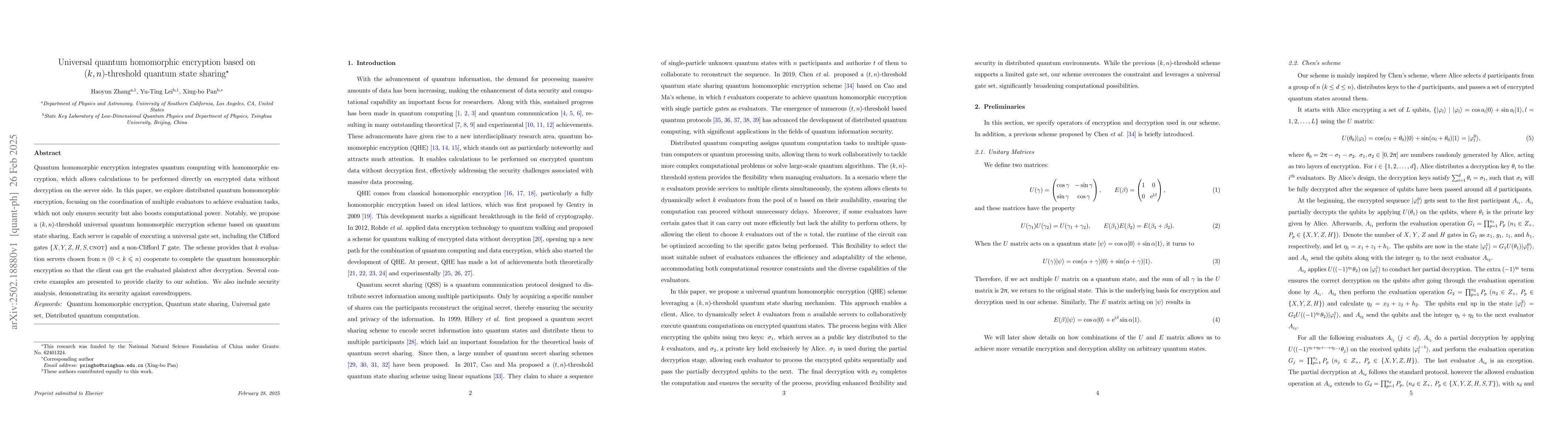 Thumbnail for Universal quantum homomorphic encryption based on $(k, n)$-threshold
  quantum state sharing