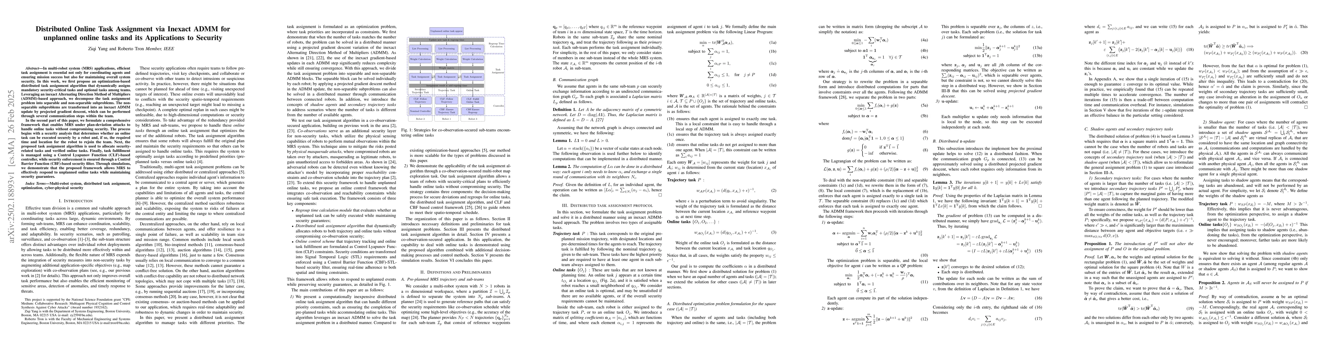 Thumbnail for Distributed Online Task Assignment via Inexact ADMM for unplanned online
  tasks and its Applications to Security