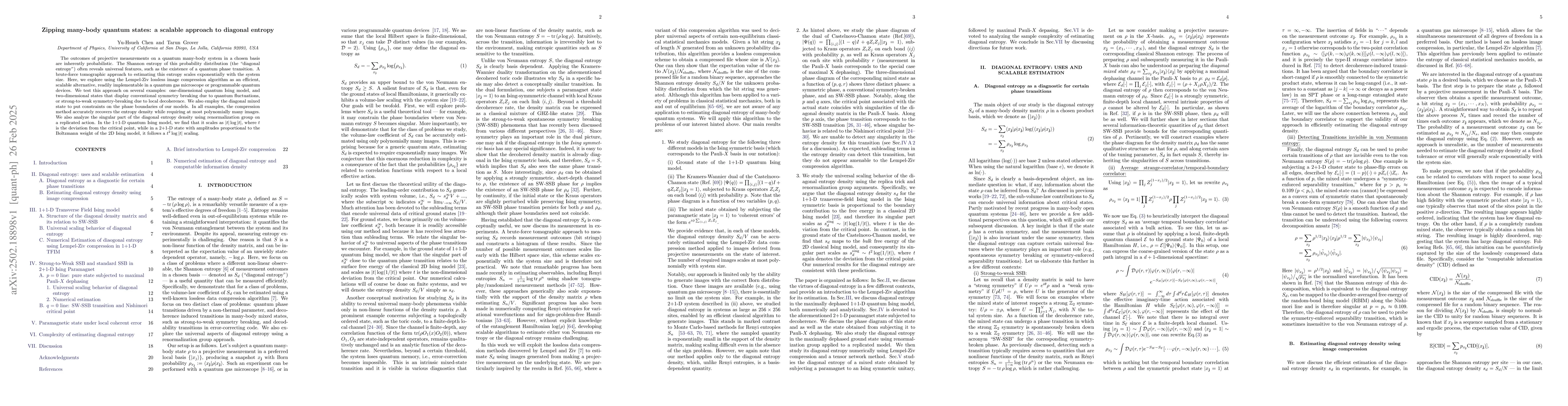 Thumbnail for Zipping many-body quantum states: a scalable approach to diagonal
  entropy