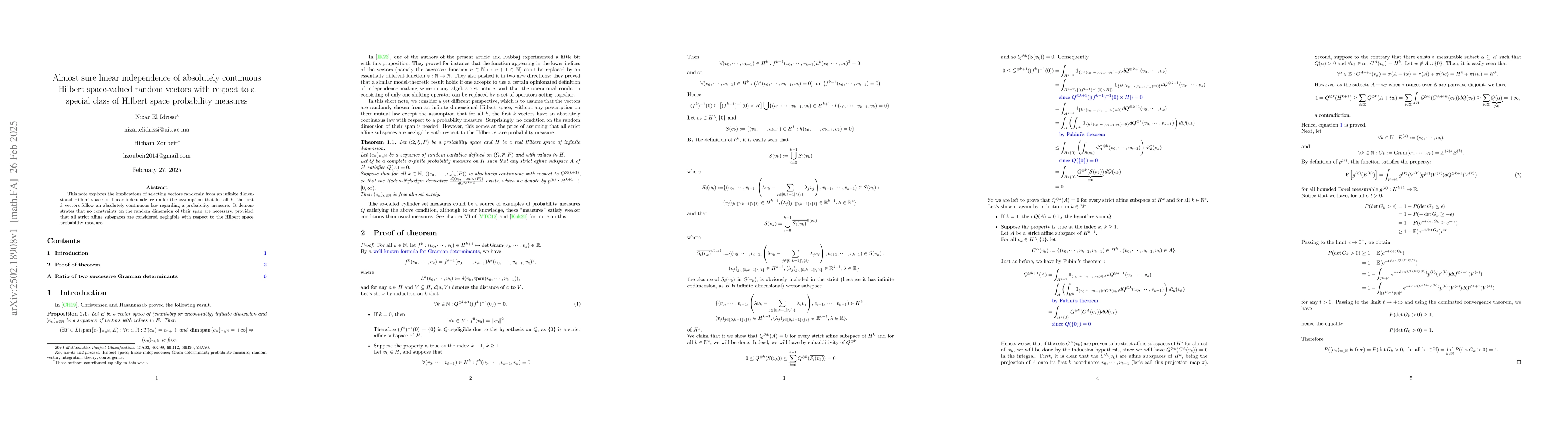 Thumbnail for Almost sure linear independence of absolutely continuous Hilbert
  space-valued random vectors with respect to a special class of Hilbert space
  probability measures