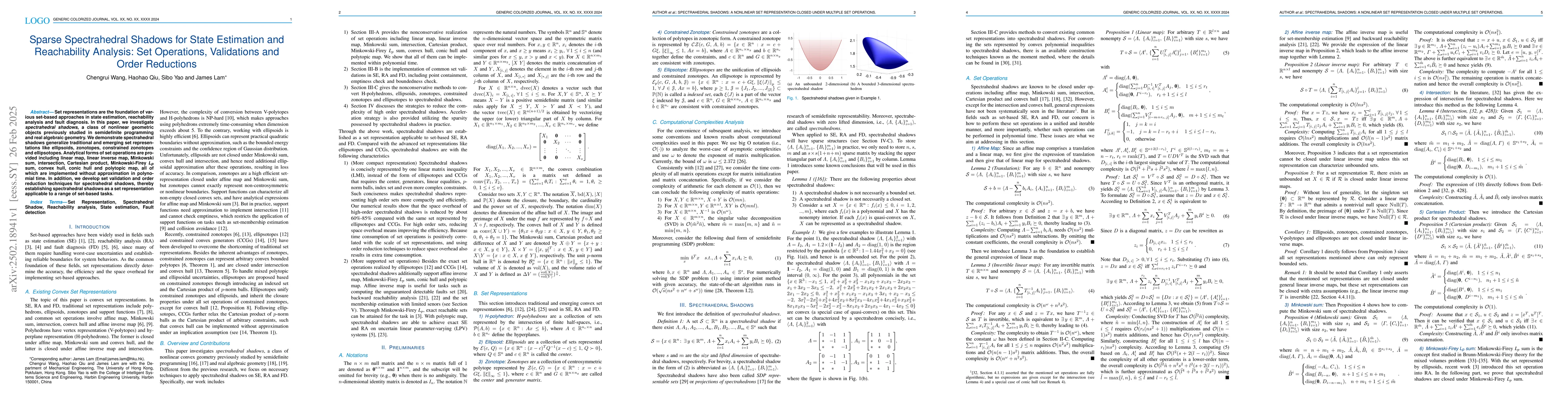 Thumbnail for Sparse Spectrahedral Shadows for State Estimation and Reachability
  Analysis: Set Operations, Validations and Order Reductions