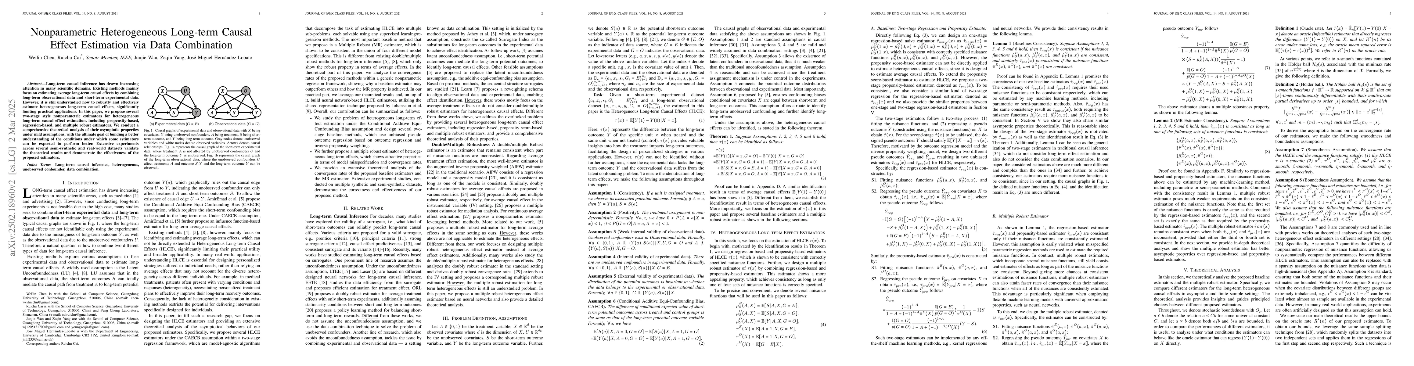 Thumbnail for Nonparametric Heterogeneous Long-term Causal Effect Estimation via Data
  Combination