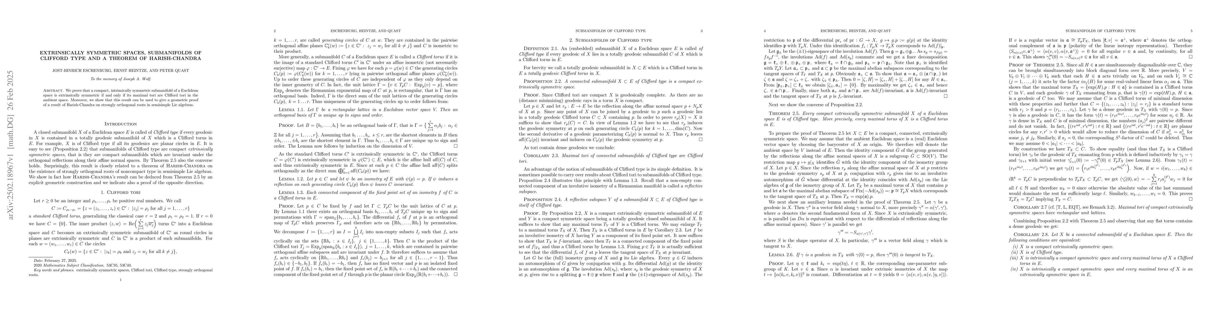 Thumbnail for Extrinsically Symmetric Spaces, Submanifolds of Clifford Type and a
  Theorem of Harish-Chandra