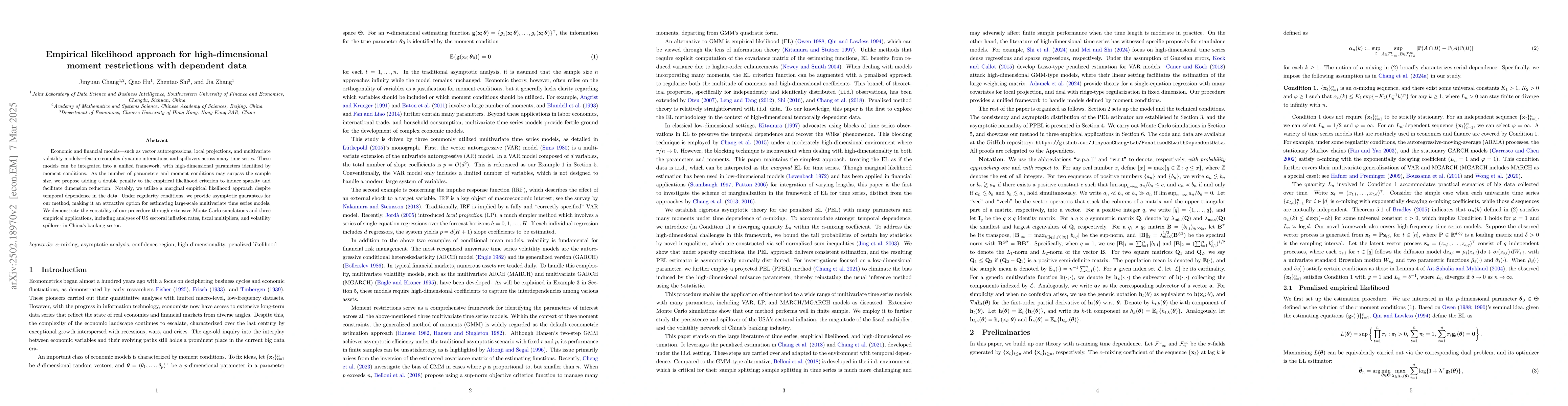 Thumbnail for Empirical likelihood approach for high-dimensional moment restrictions
  with dependent data