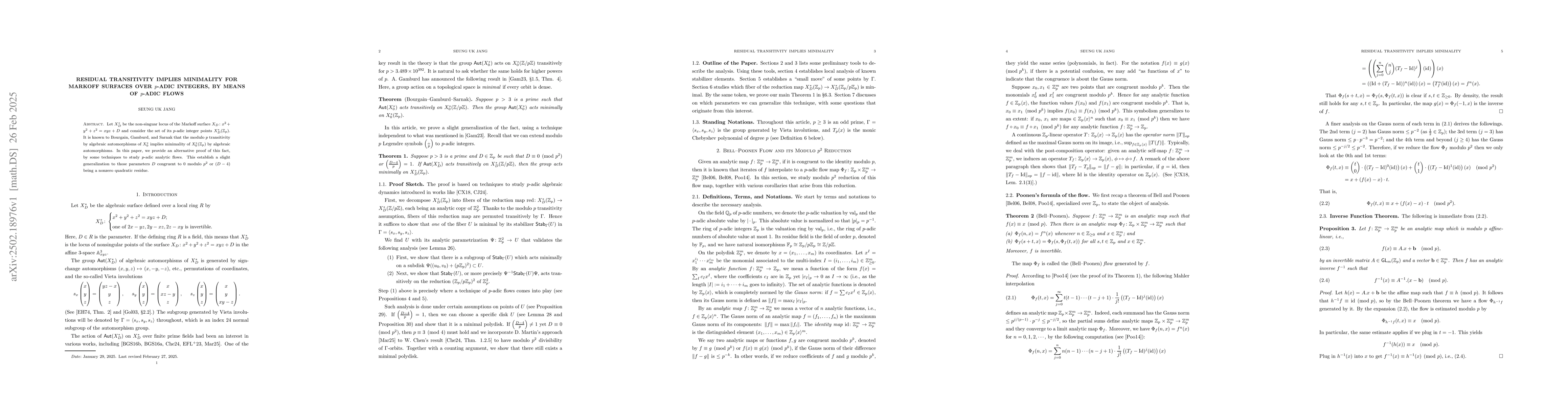 Thumbnail for Residual Transitivity implies Minimality for Markoff Surfaces over
  $p$-adic Integers, by Means of $p$-adic Flows