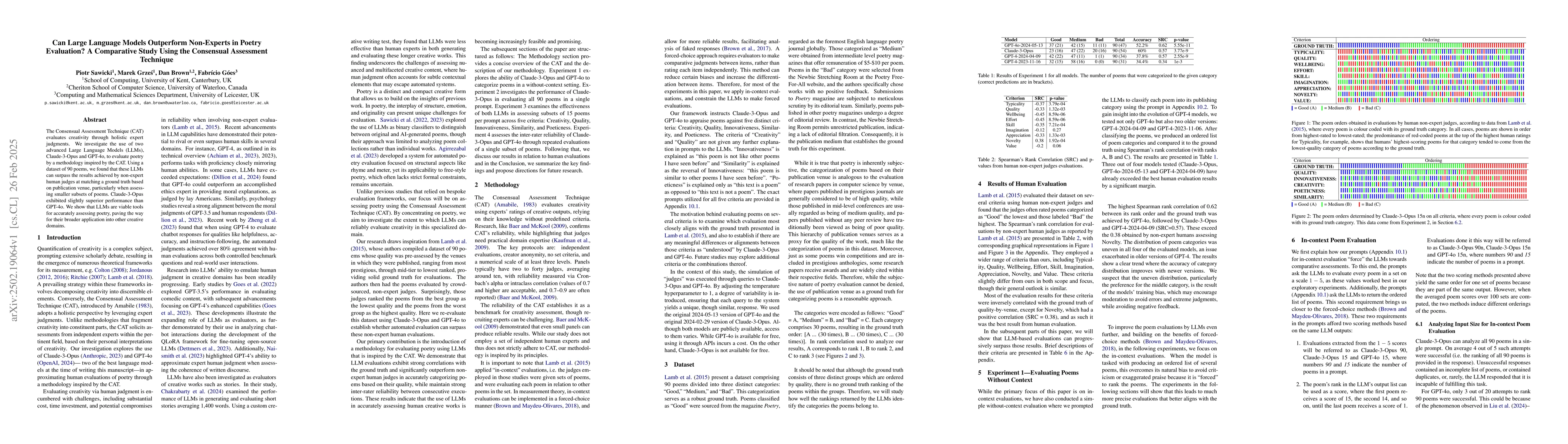 Thumbnail for Can Large Language Models Outperform Non-Experts in Poetry Evaluation? A
  Comparative Study Using the Consensual Assessment Technique