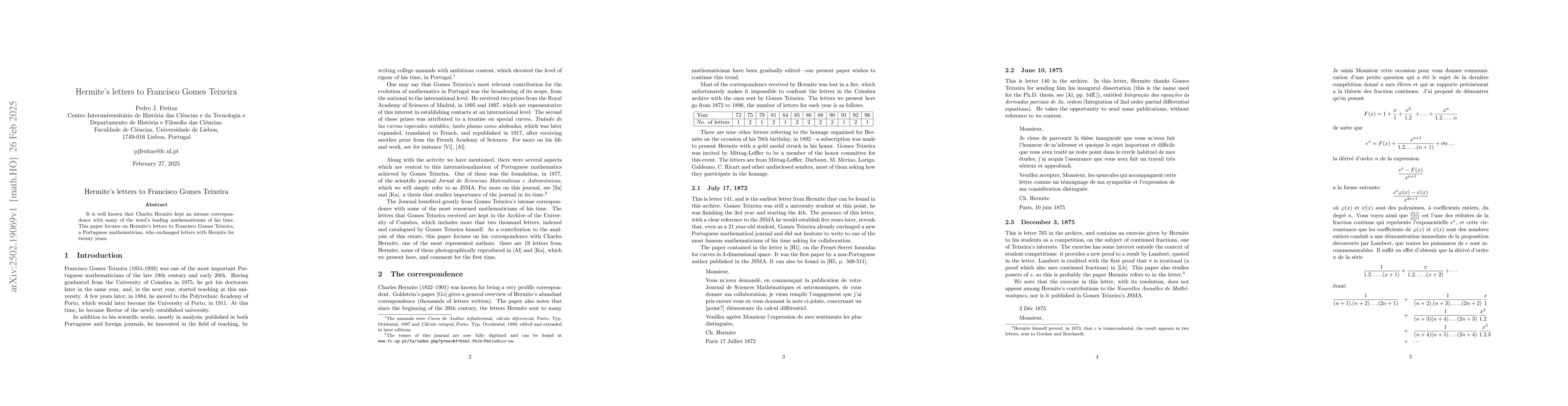Thumbnail for Hermite's letters to Francisco Gomes Teixeira