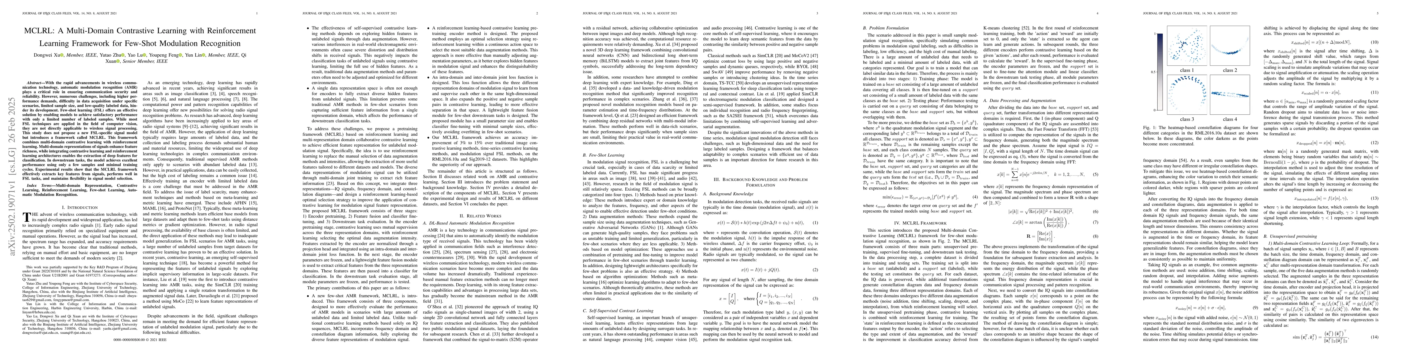 Thumbnail for MCLRL: A Multi-Domain Contrastive Learning with Reinforcement Learning
  Framework for Few-Shot Modulation Recognition