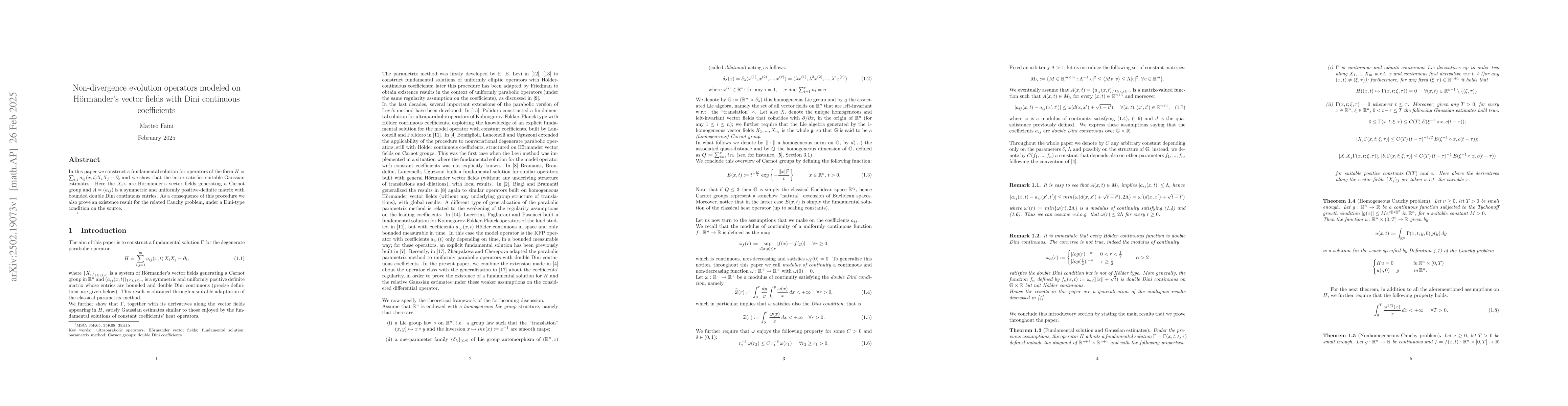 Thumbnail for Non-divergence evolution operators modeled on Hörmander's vector
  fields with Dini continuous coefficients