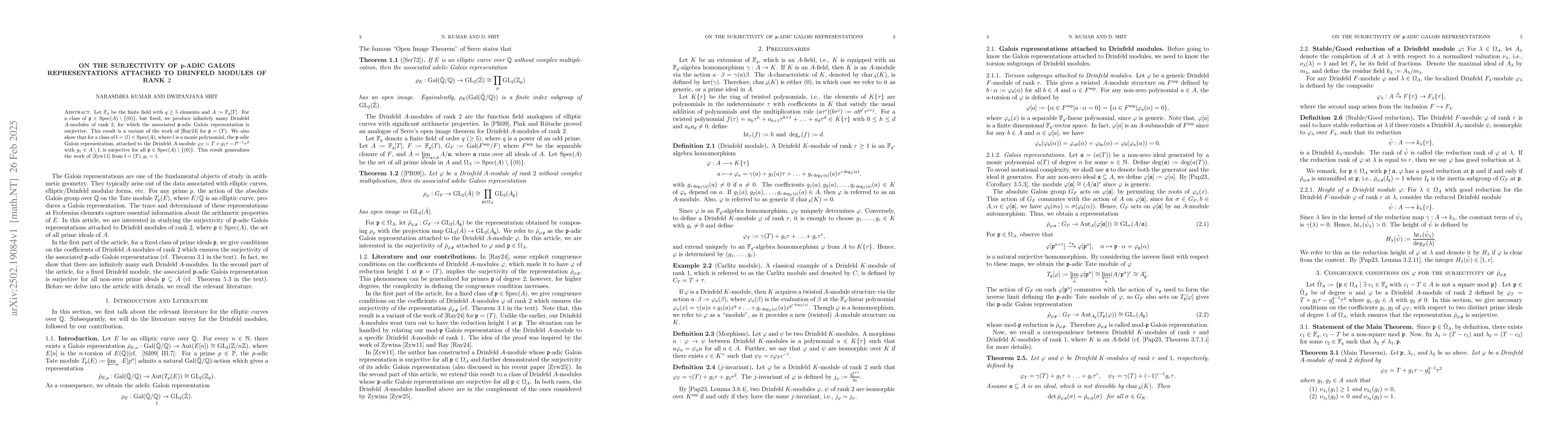 Thumbnail for On the surjectivity of $\mathfrak{p}$-adic Galois representations
  attached to Drinfeld modules of rank $2$