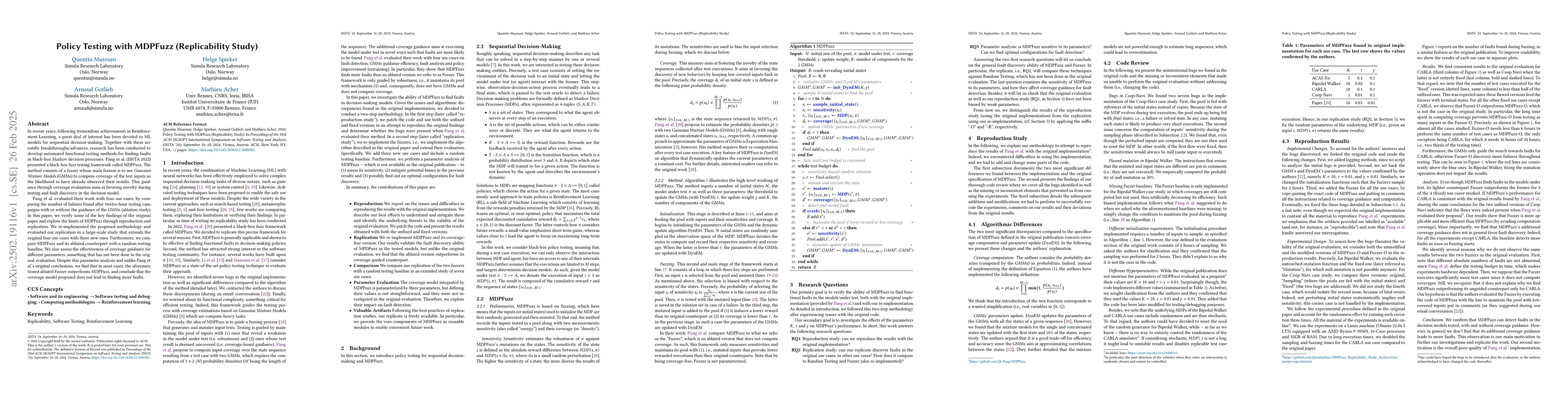 Thumbnail for Policy Testing with MDPFuzz (Replicability Study)