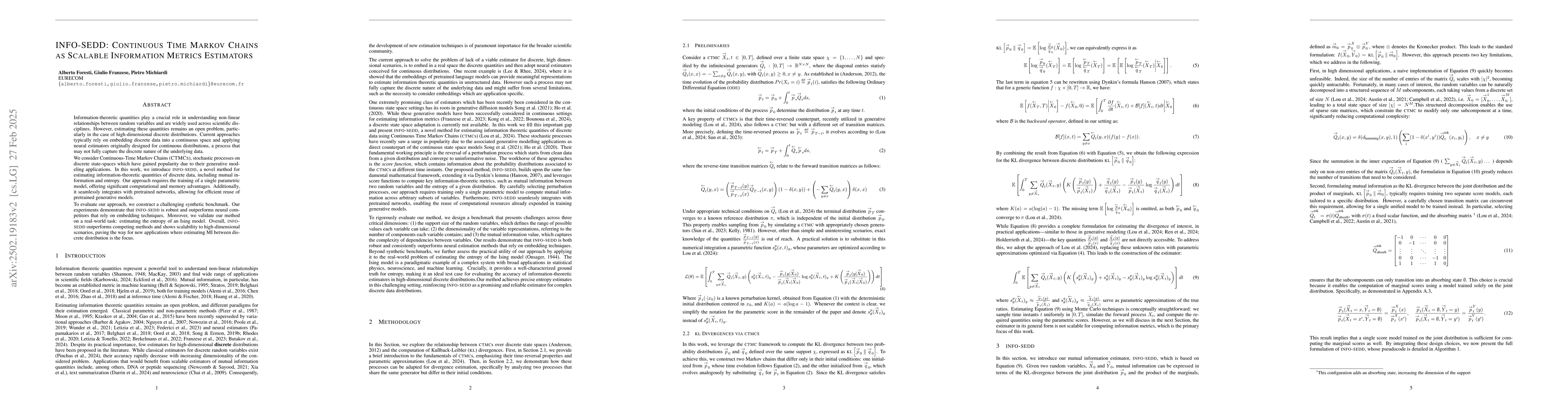 Thumbnail for INFO-SEDD: Continuous Time Markov Chains as Scalable Information Metrics
  Estimators