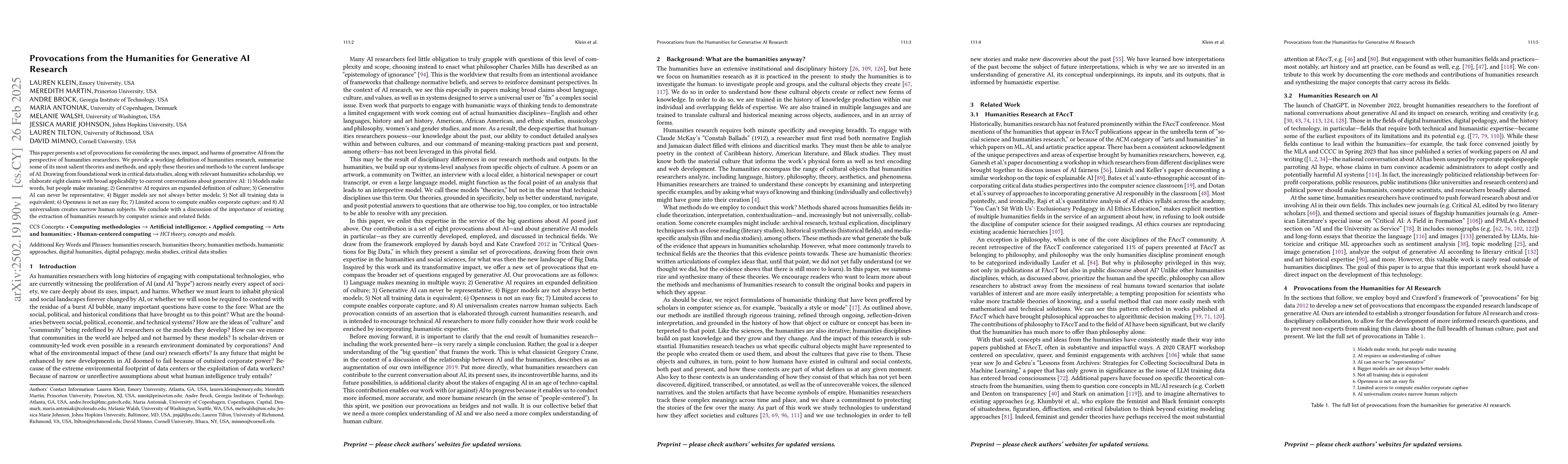 Thumbnail for Provocations from the Humanities for Generative AI Research