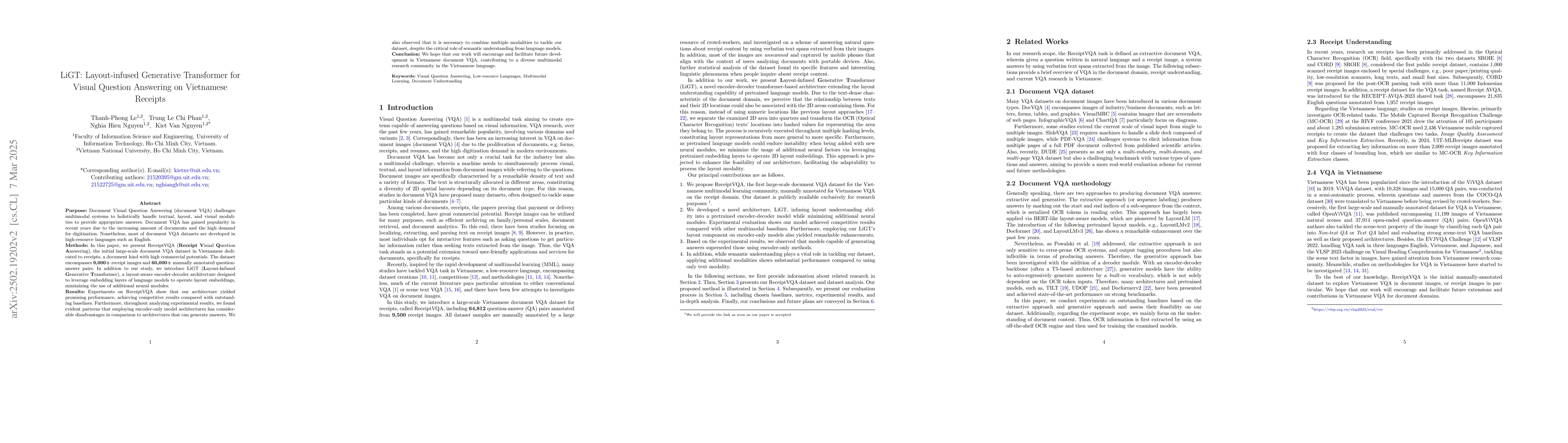 Thumbnail for LiGT: Layout-infused Generative Transformer for Visual Question
  Answering on Vietnamese Receipts