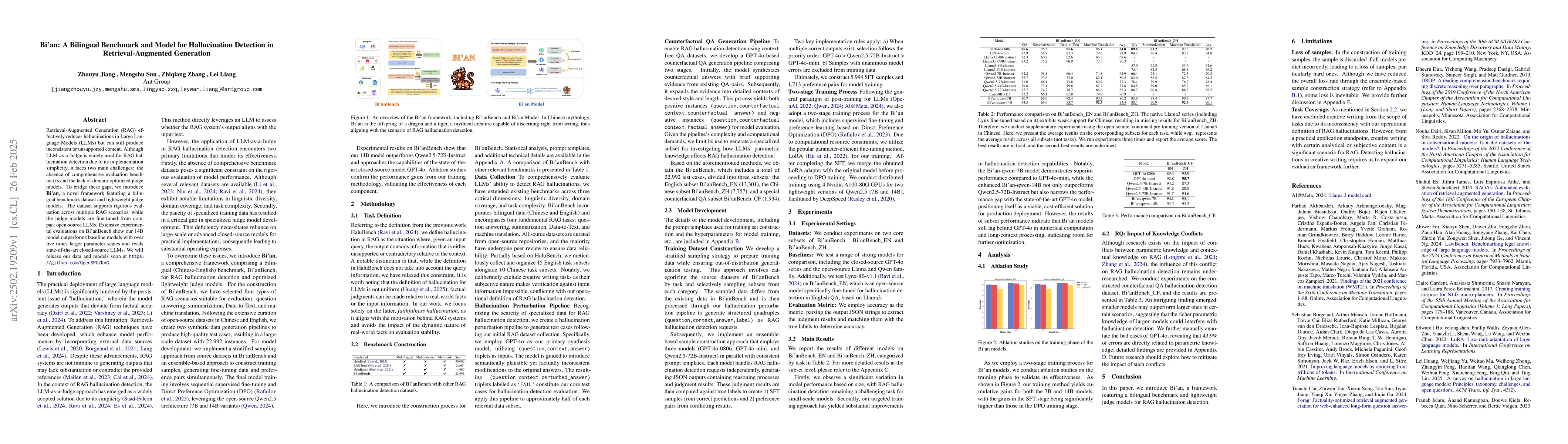 Thumbnail for Bi'an: A Bilingual Benchmark and Model for Hallucination Detection in
  Retrieval-Augmented Generation