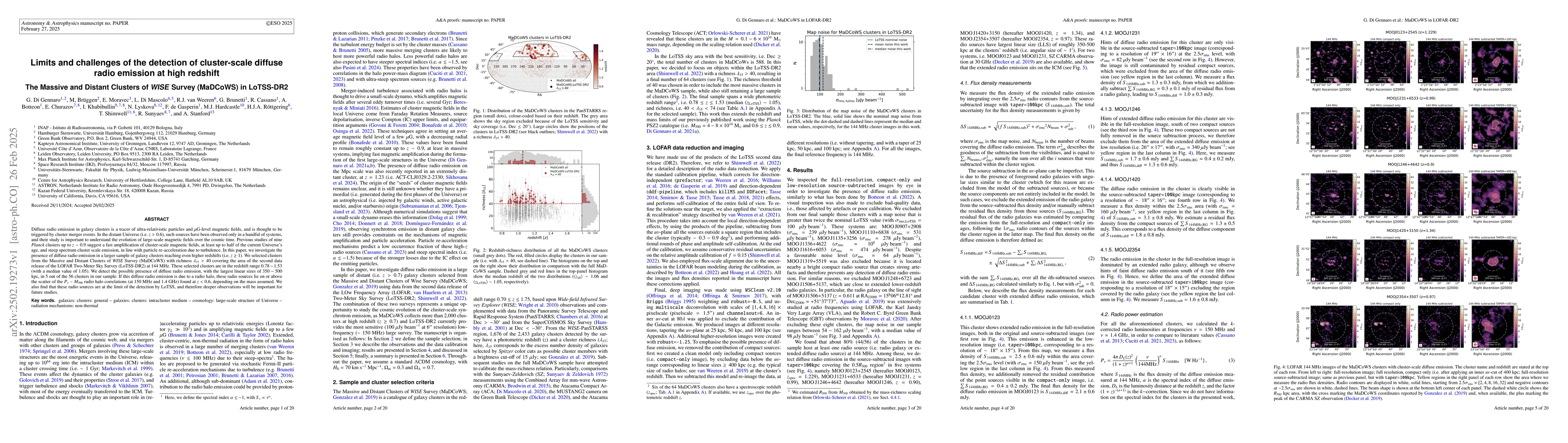 Thumbnail for Limits and challenges of the detection of cluster-scale diffuse radio
  emission at high redshift: The Massive and Distant Clusters of WISE Survey
  (MaDCoWS) in LoTSS-DR2
