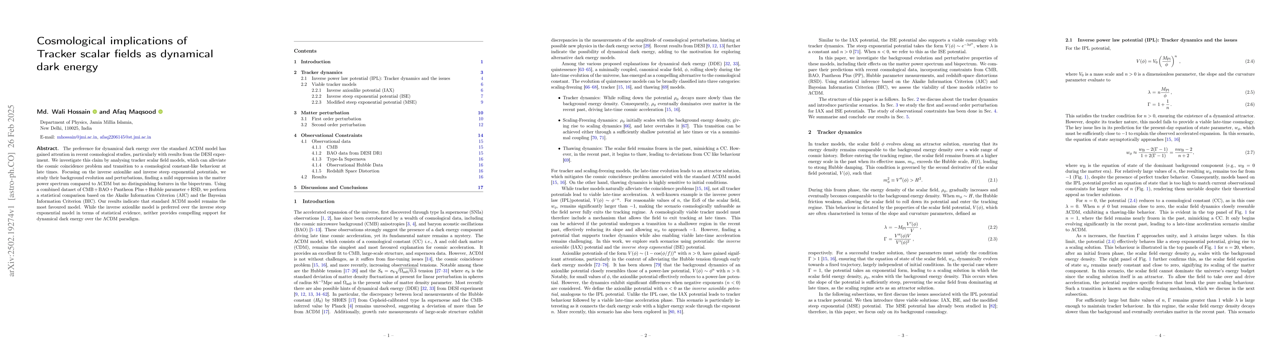 Thumbnail for Cosmological implications of Tracker scalar fields as dynamical dark
  energy