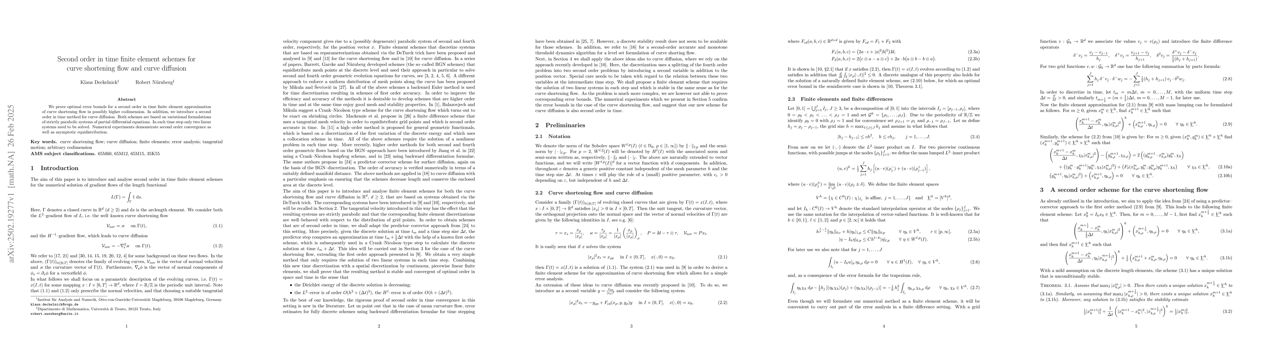 Thumbnail for Second order in time finite element schemes for curve shortening flow
  and curve diffusion