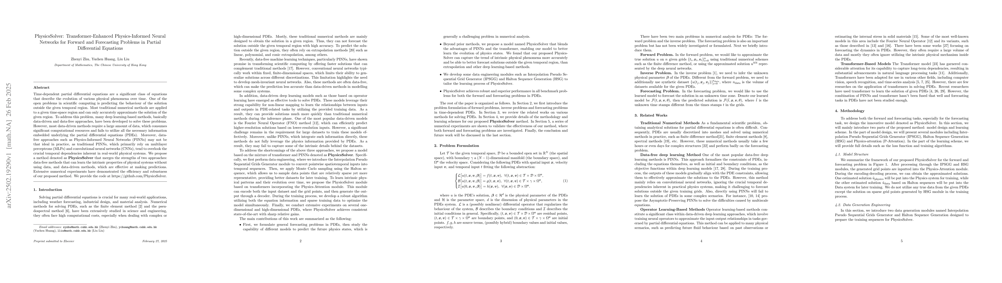 Thumbnail for PhysicsSolver: Transformer-Enhanced Physics-Informed Neural Networks for
  Forward and Forecasting Problems in Partial Differential Equations