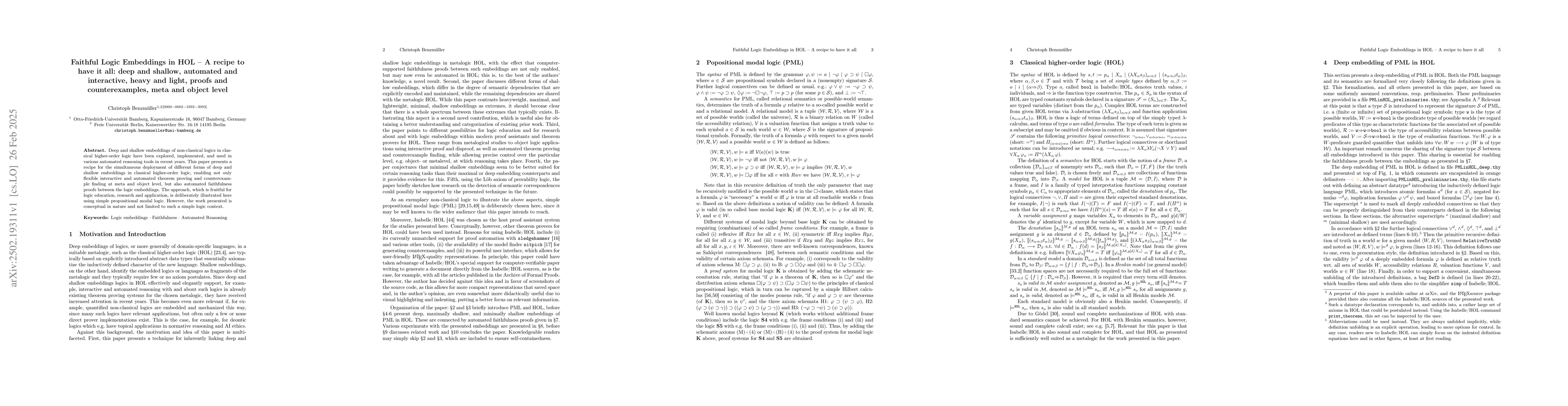 Thumbnail for Faithful Logic Embeddings in HOL -- A recipe to have it all: deep and
  shallow, automated and interactive, heavy and light, proofs and
  counterexamples, meta and object level